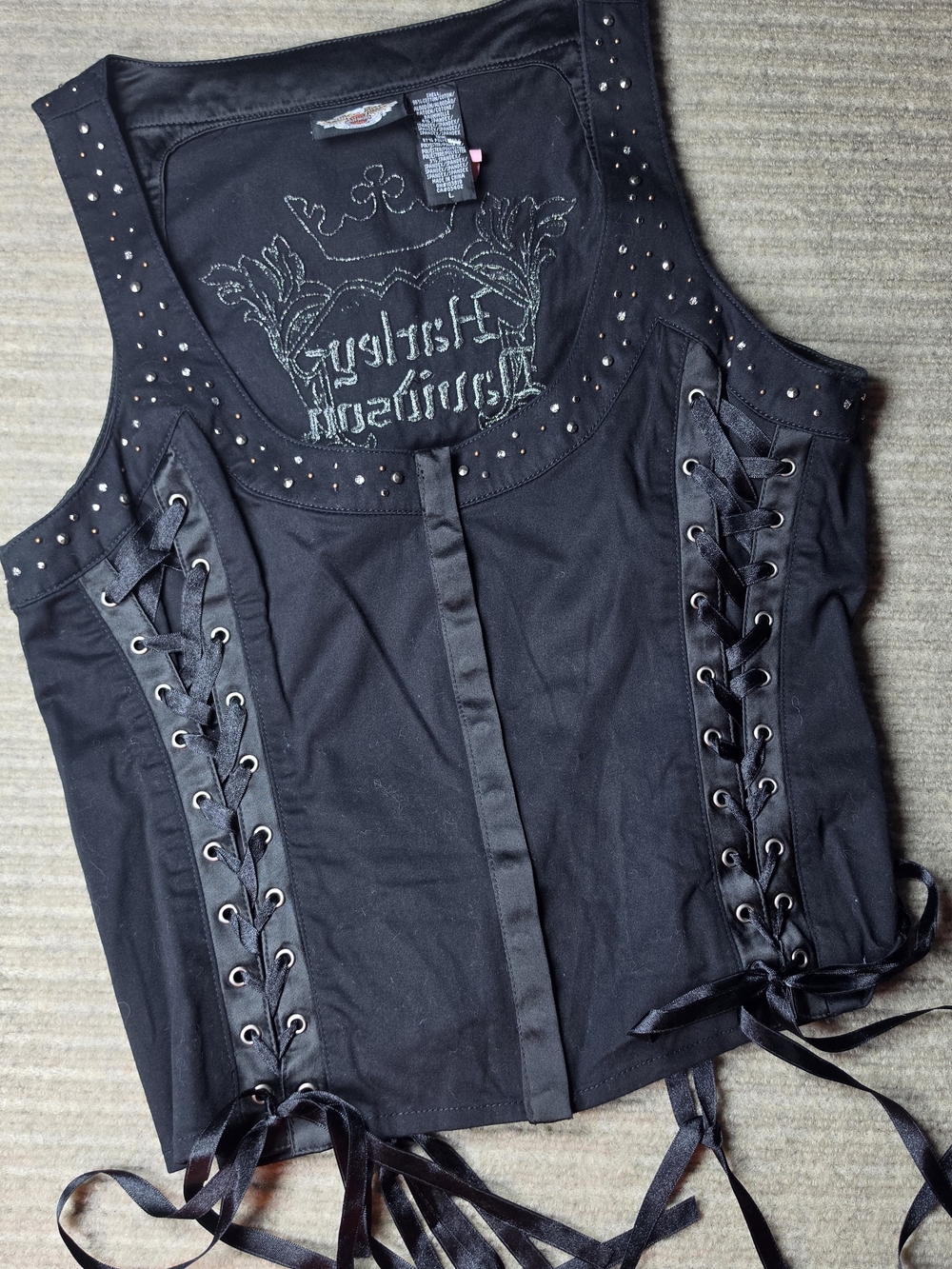 Women's Harley Davidson EMBELLISHED Corset Vest Top Sleeveless Sz Large Vtg